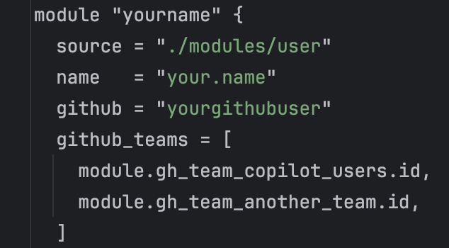 Example of a users configuration block with the github team added alt text